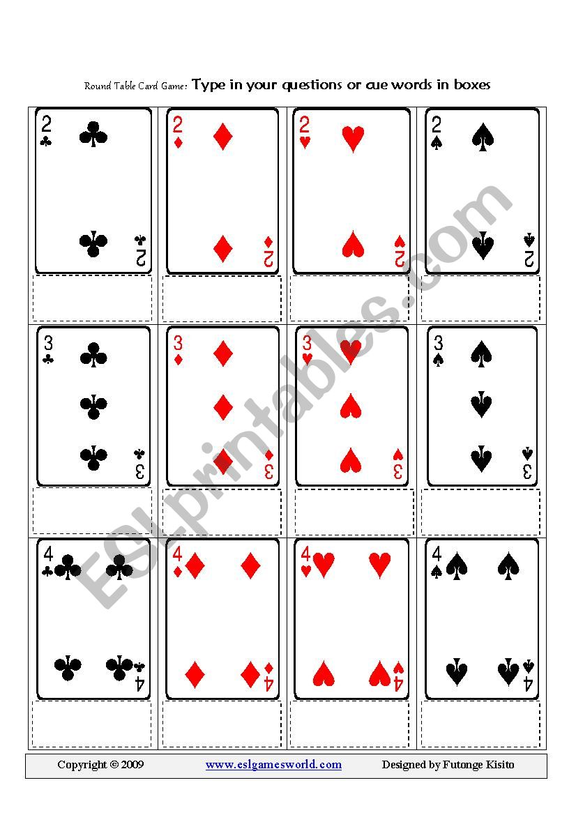 Table card game worksheet