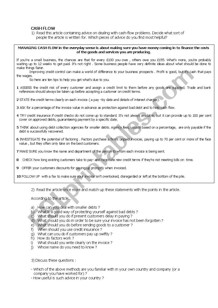 Cash Flow worksheet