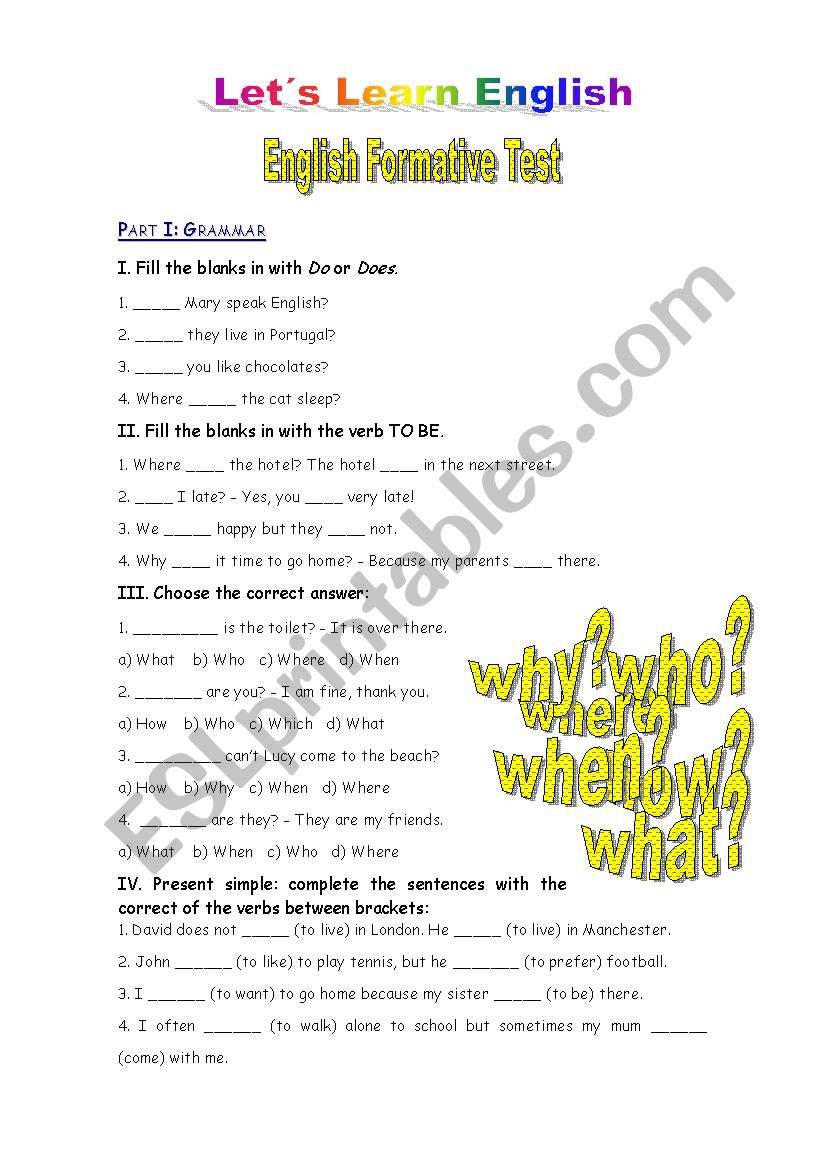 English Formative Test worksheet