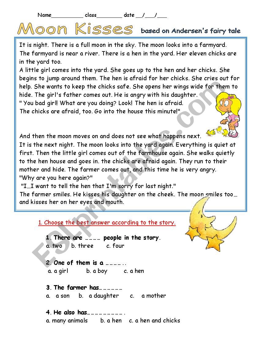 Moon kisses- story worksheet