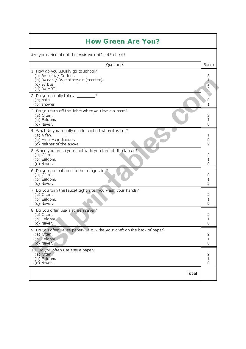 How Green Are You? worksheet