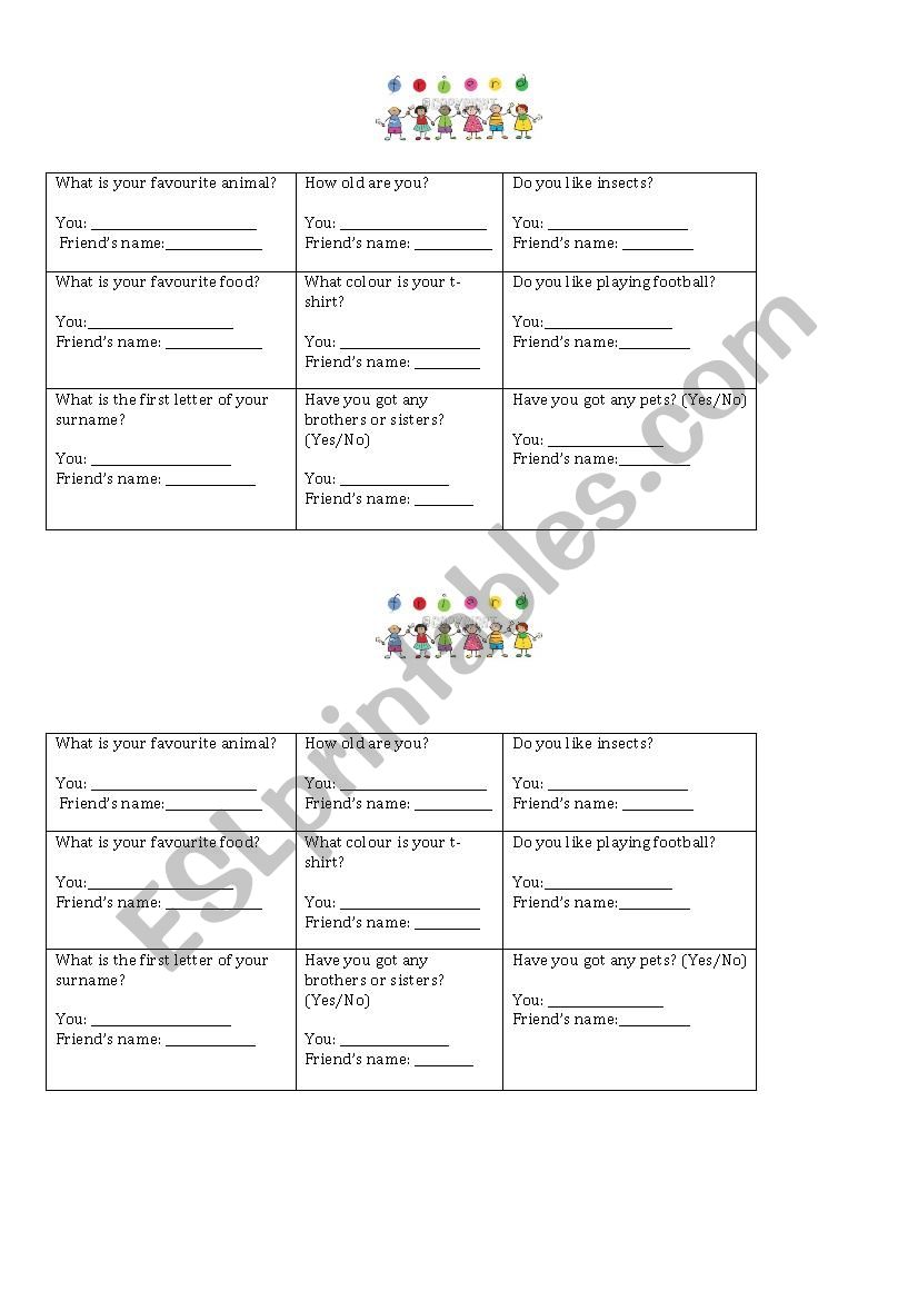 Friend bingo worksheet