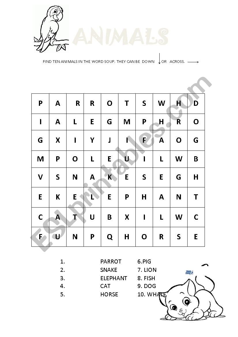 Animals wordsearch worksheet