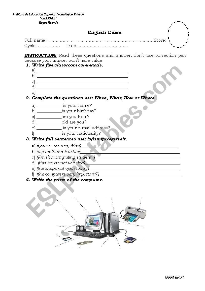 English Exam worksheet