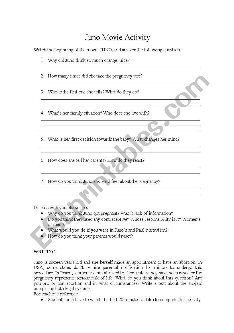 Juno Movie Activity worksheet