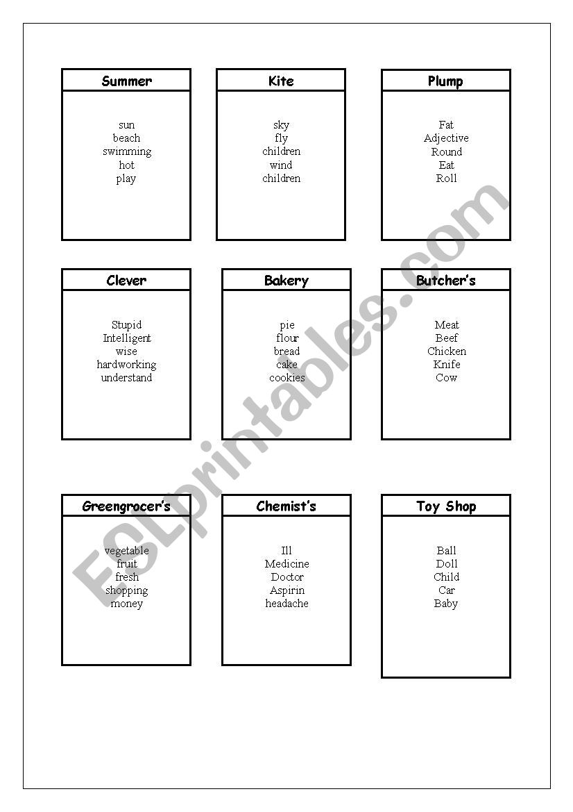 Taboo cards worksheet