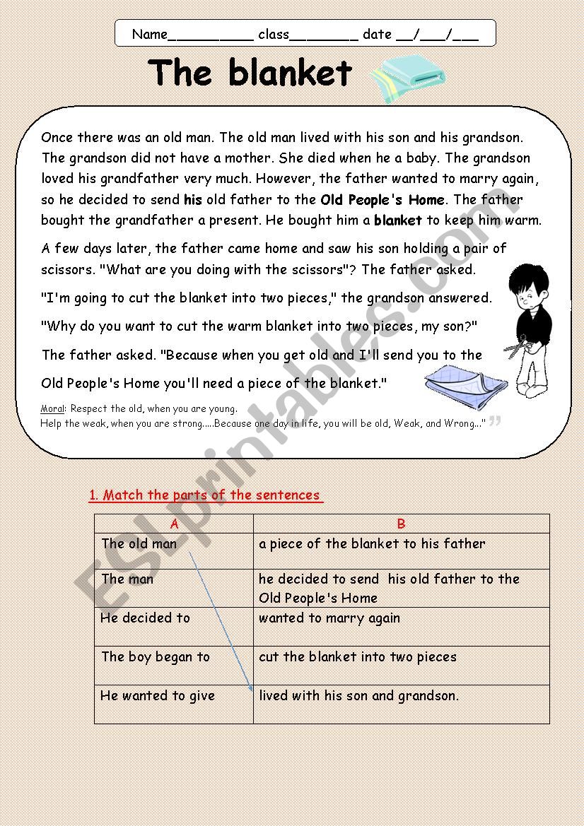 The blanket- a folk tale worksheet