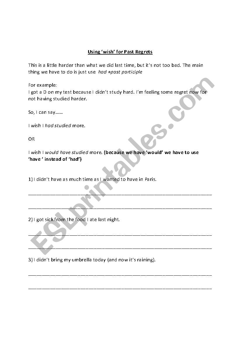 Using Wish for Regrets worksheet