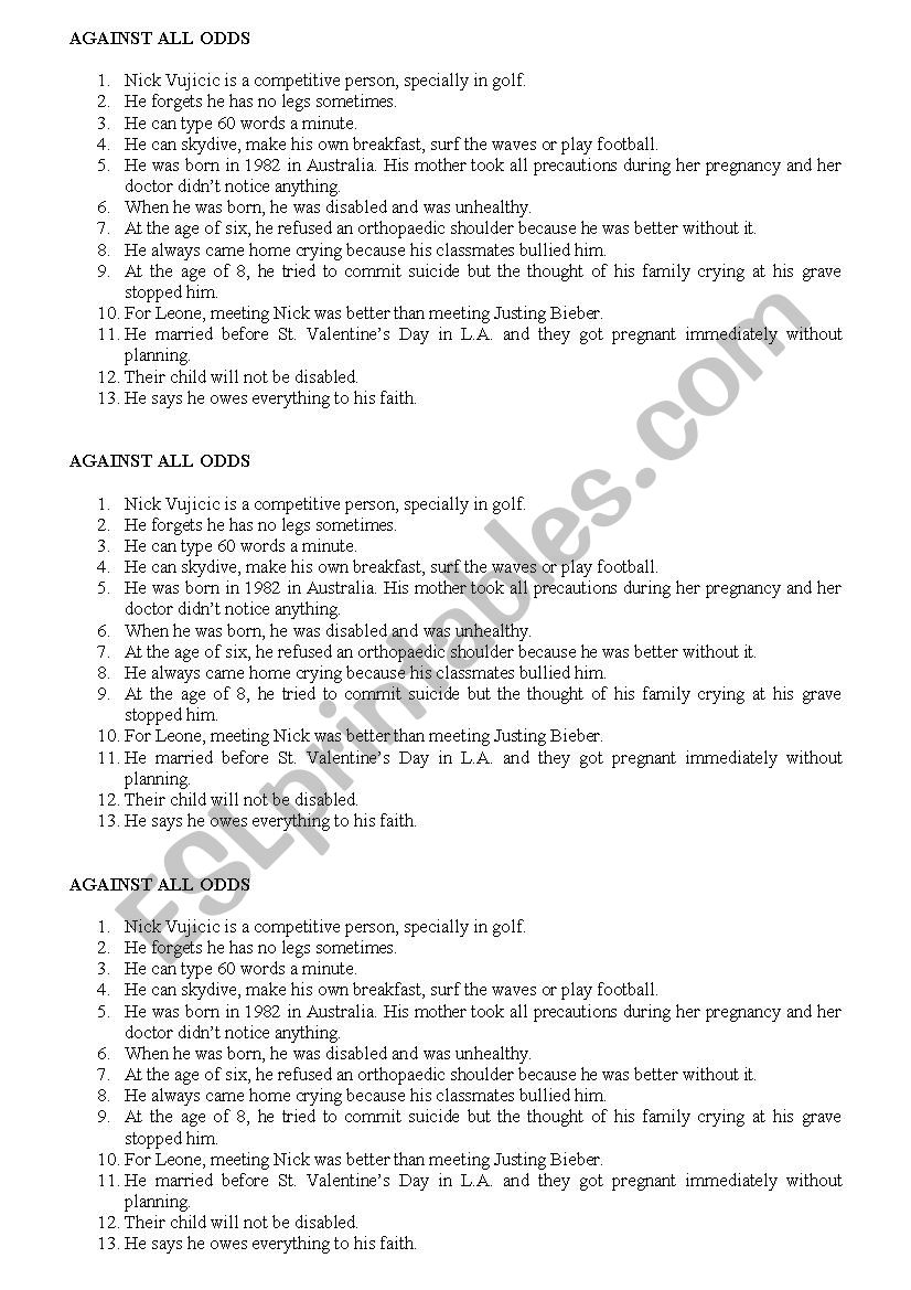 Against all odds worksheet