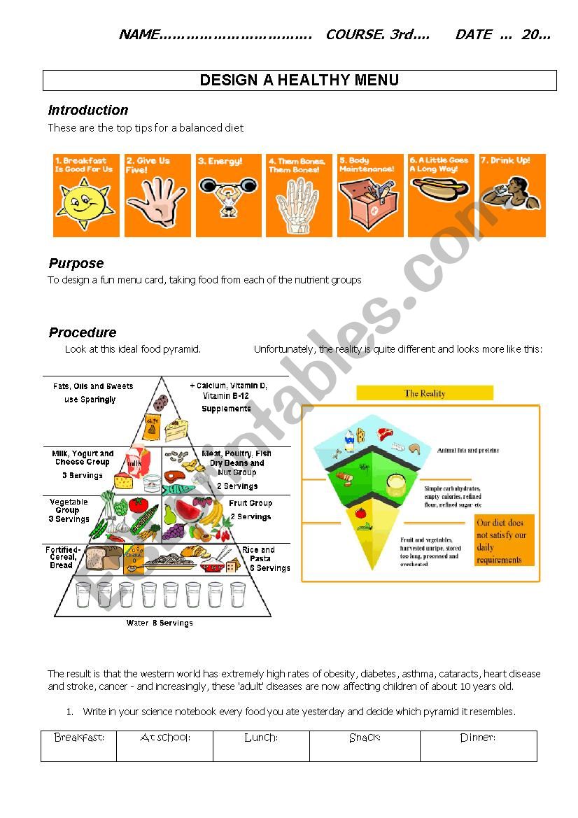 DESIGN A HEALTHY MENU worksheet