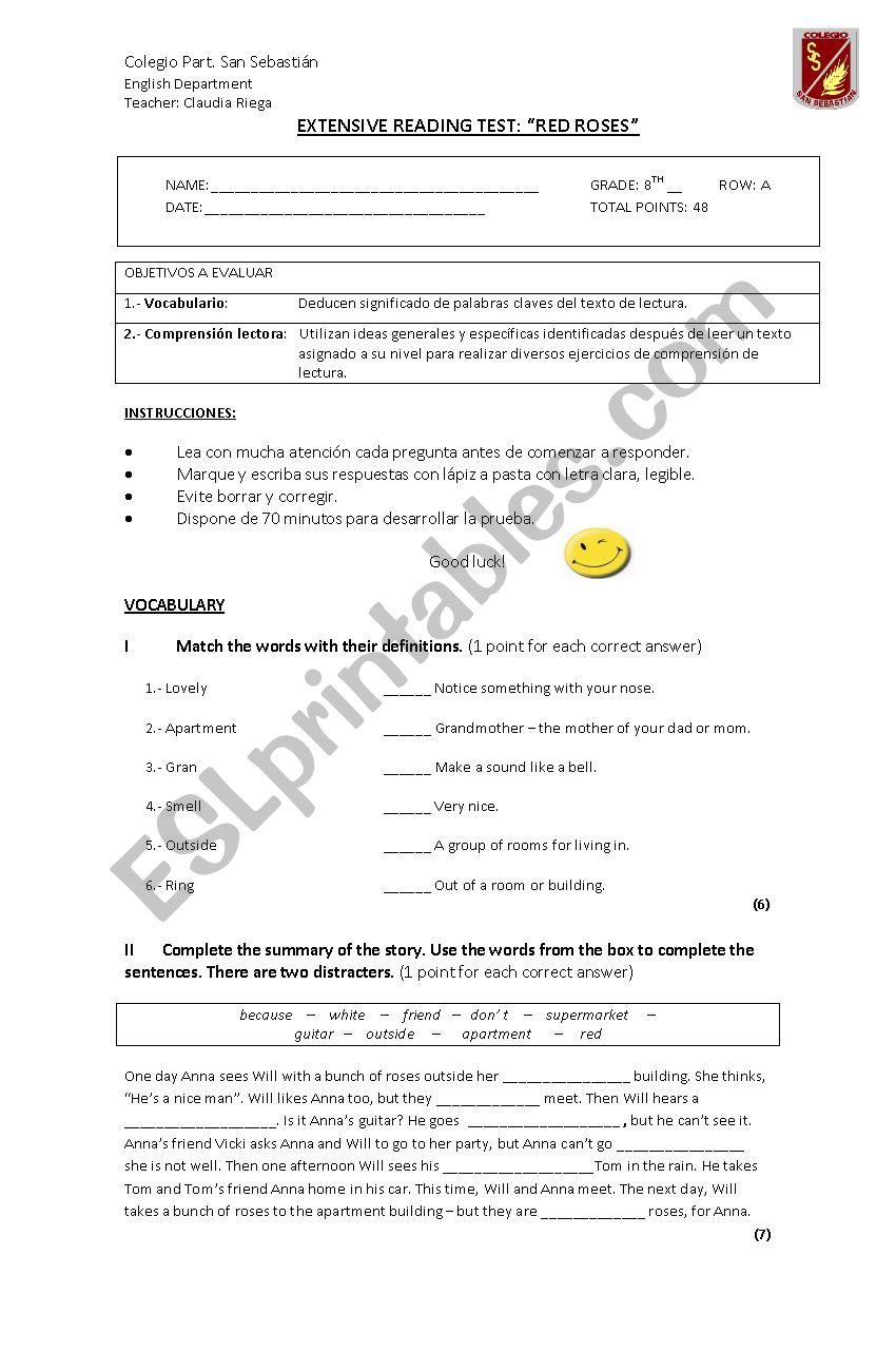 Extensive Reading Red Roses worksheet