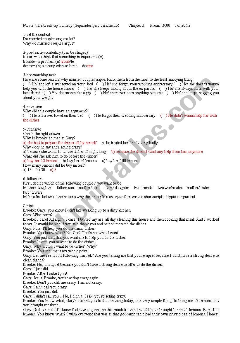 Break up movie activity worksheet