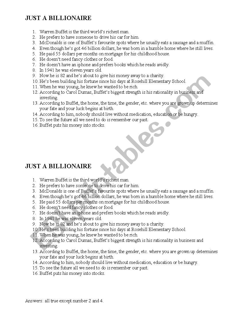 Just a regular billionaire worksheet