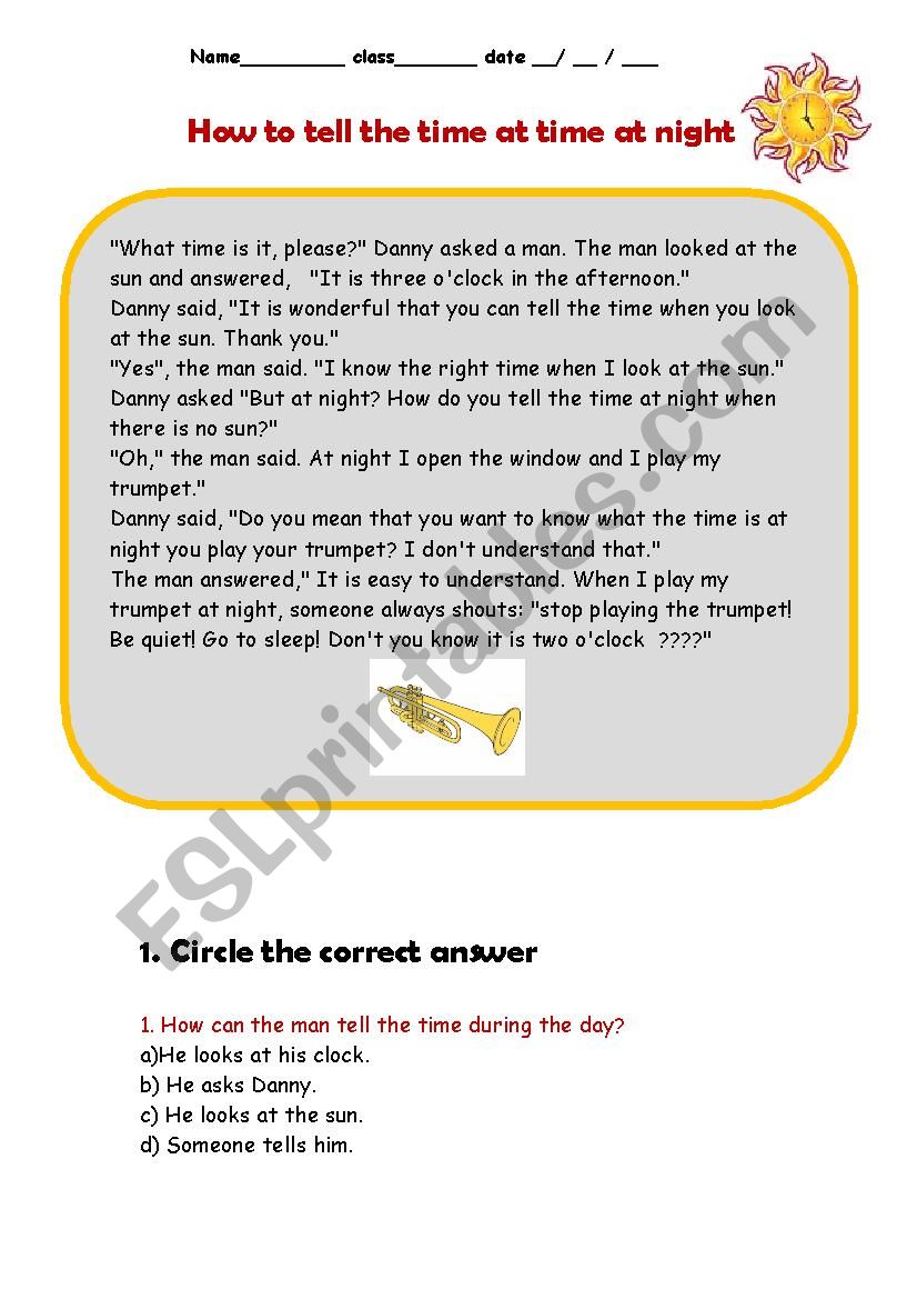 How to tell time at night worksheet