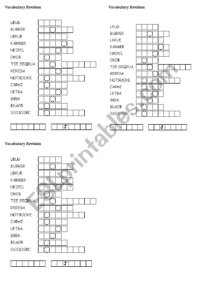 Vocabulary revision worksheet