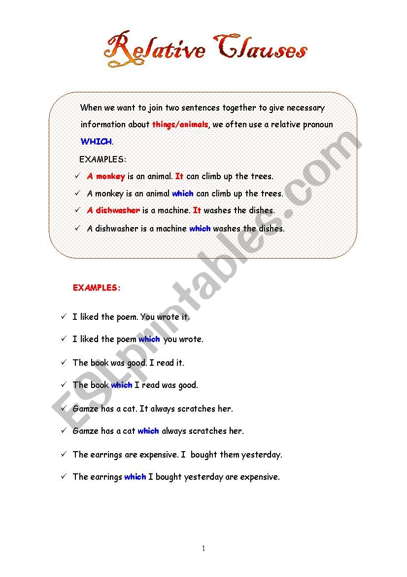 RELATIVE CLAUSE-WHICH worksheet