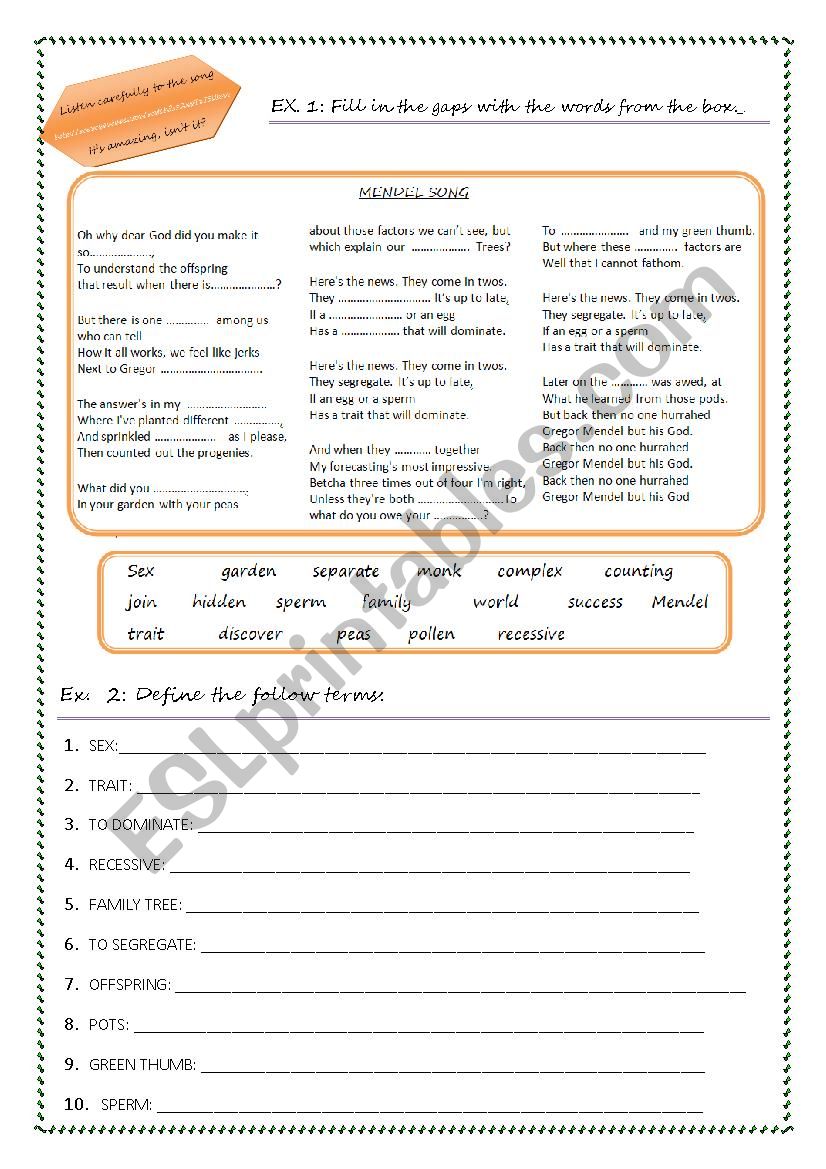 MENDEL SONG AND GENETICS worksheet