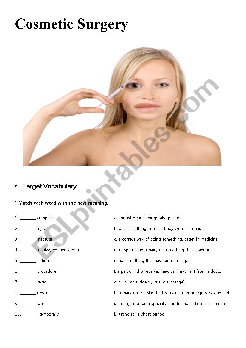 cosmetic surgery worksheet