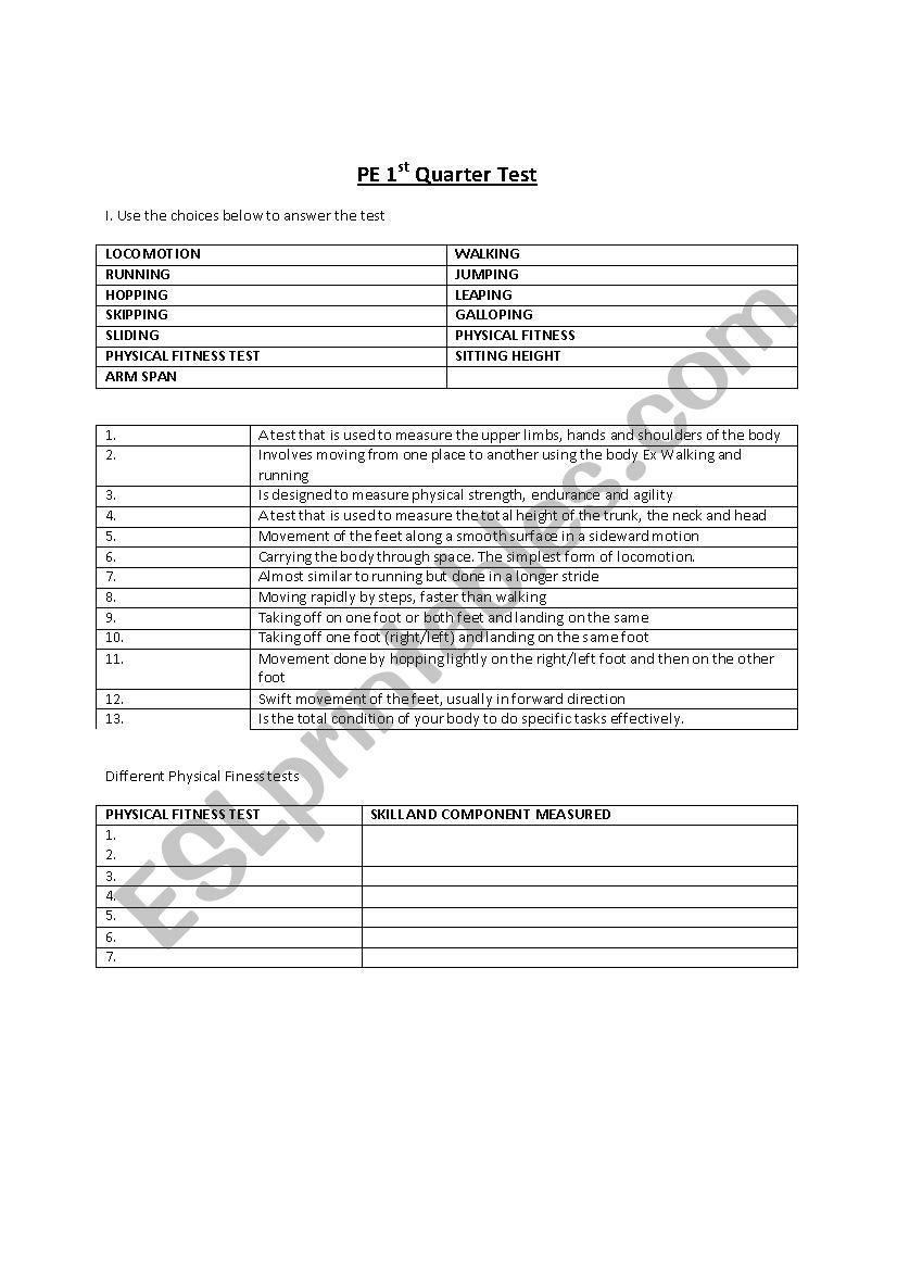 PE Exam Grade 3 - 1st Quarter worksheet