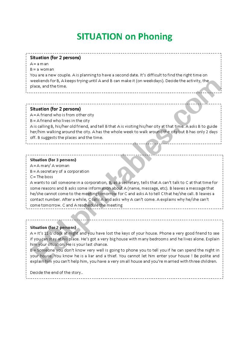 Situation on Phoning worksheet