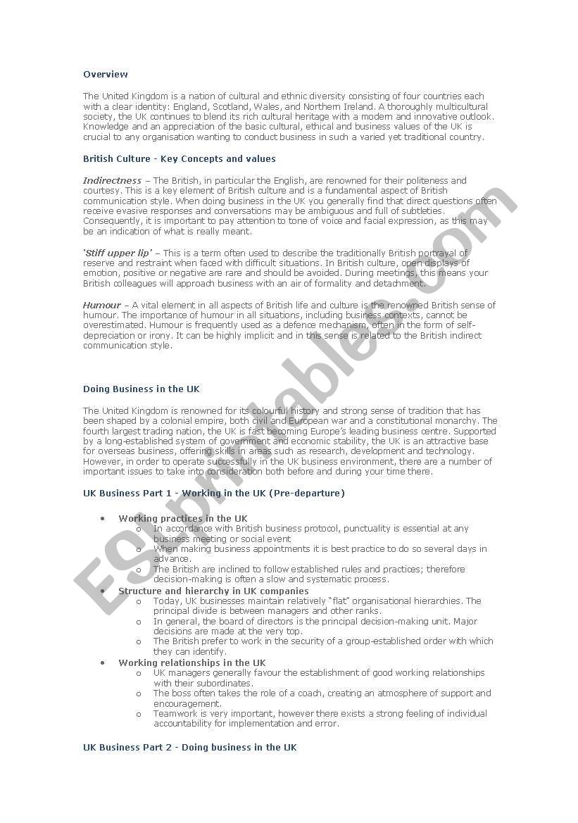 English Culture Quiz worksheet
