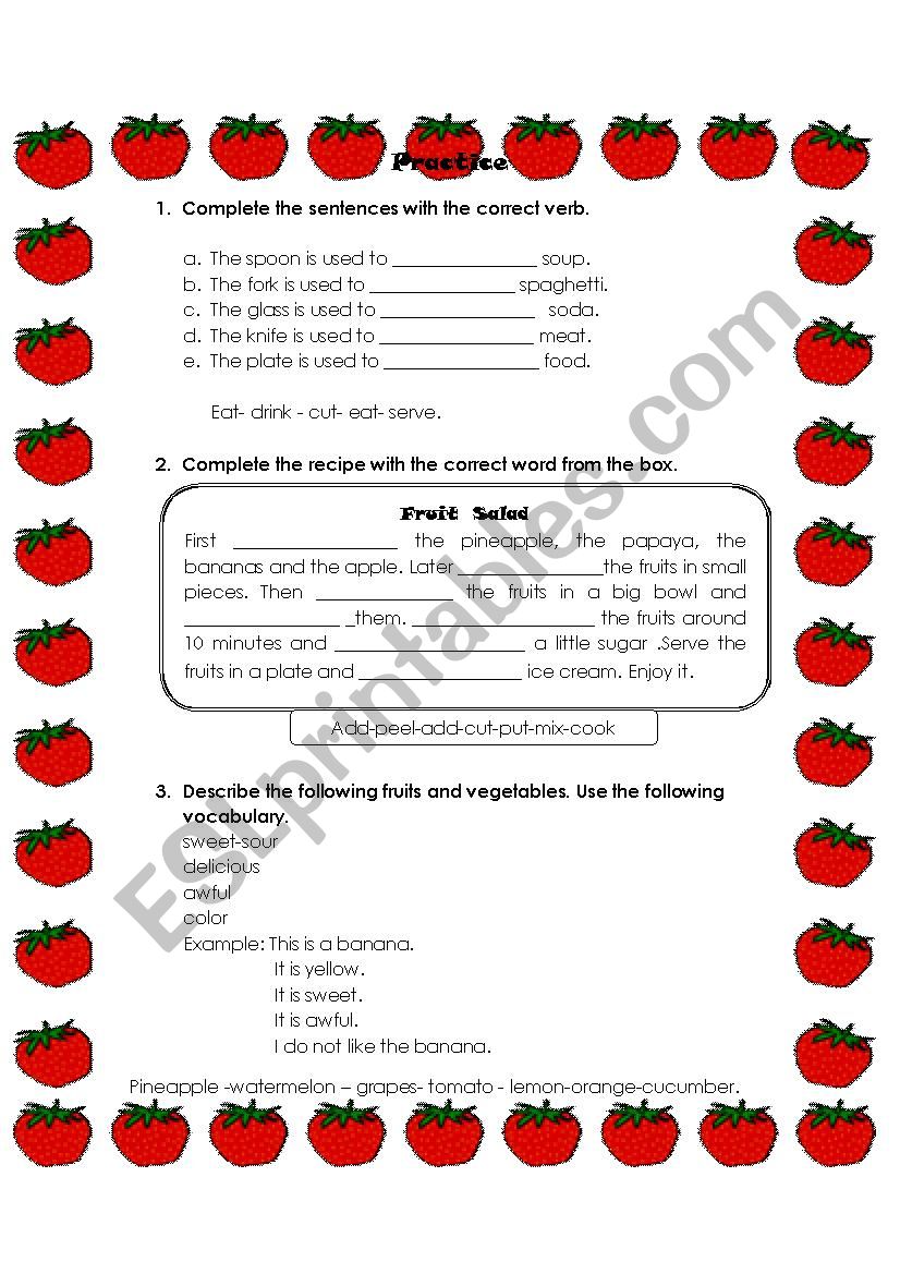 Tableware and food practice worksheet