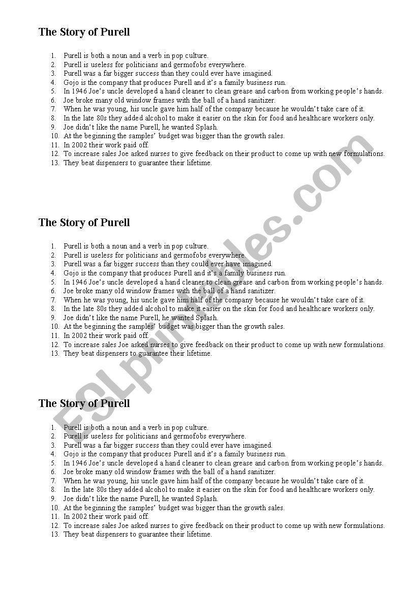 The Story of Purell worksheet