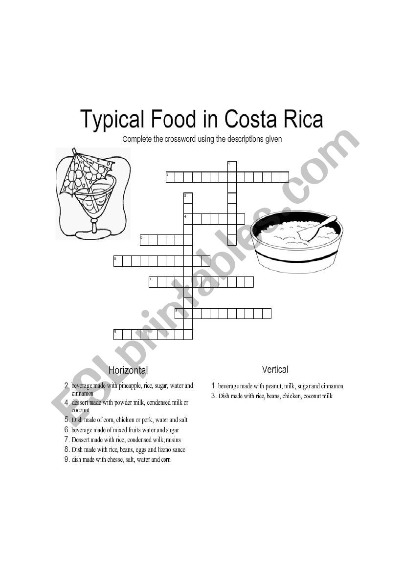 typicsl food in Costa Rica worksheet