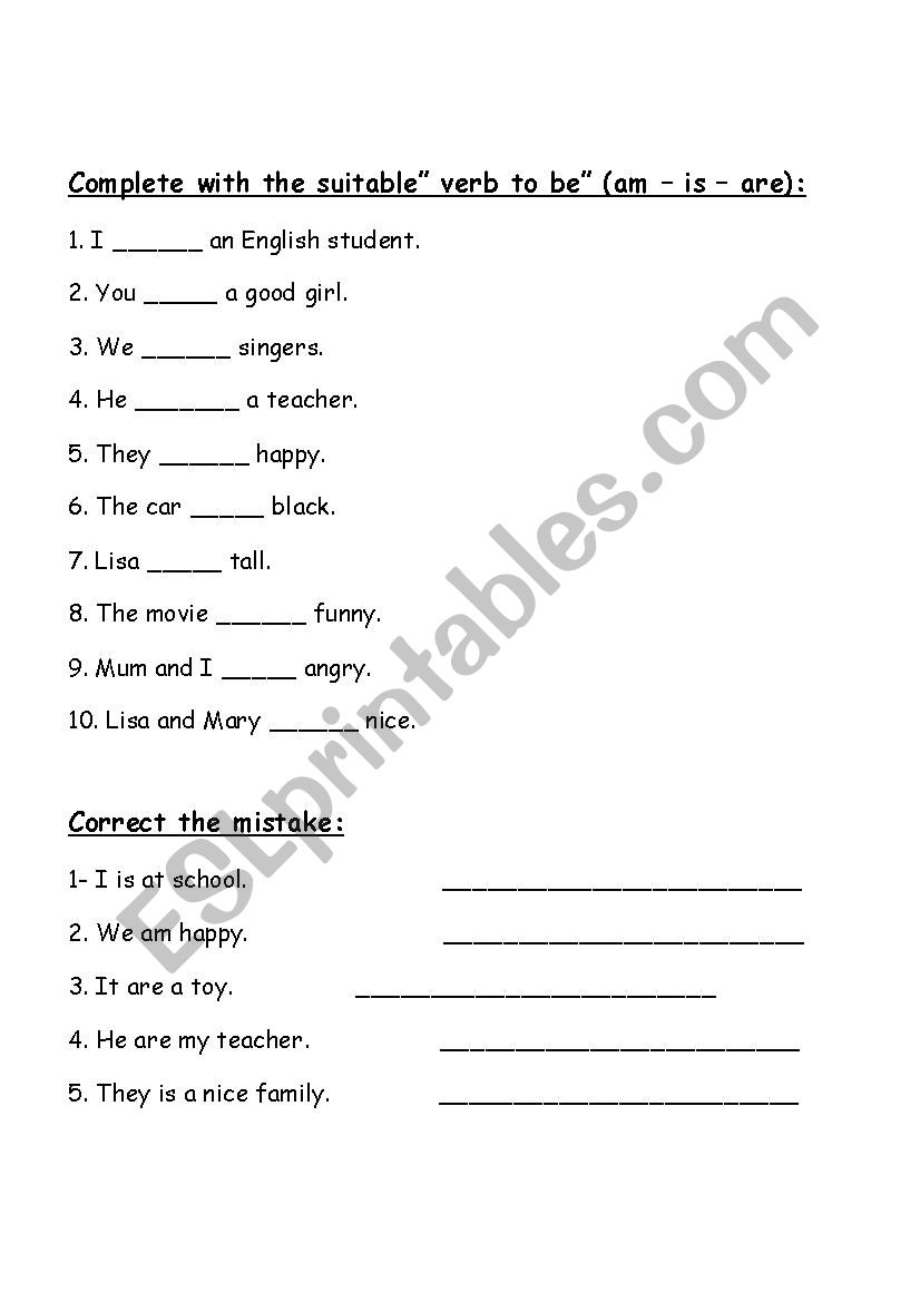 verb to be worksheet