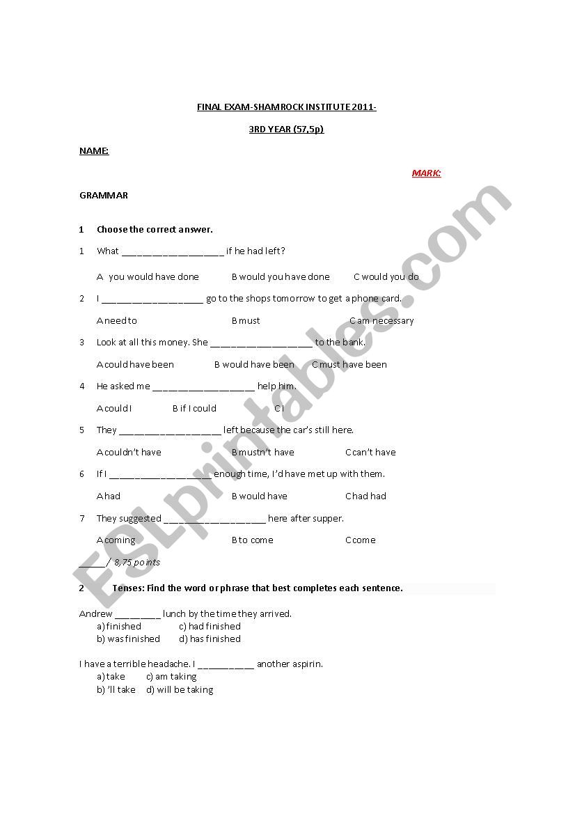 Final Test 3rd year worksheet