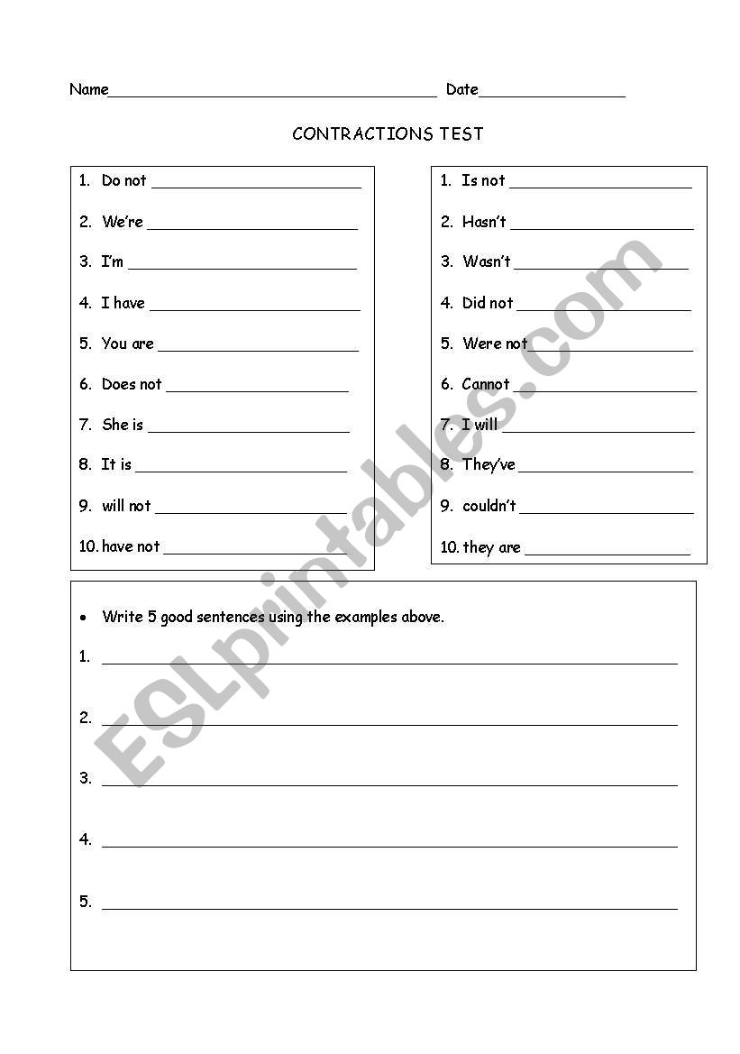 Contractions Test worksheet