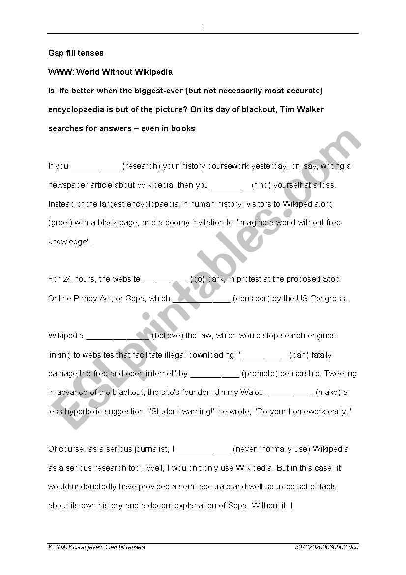gap fill tenses worksheet