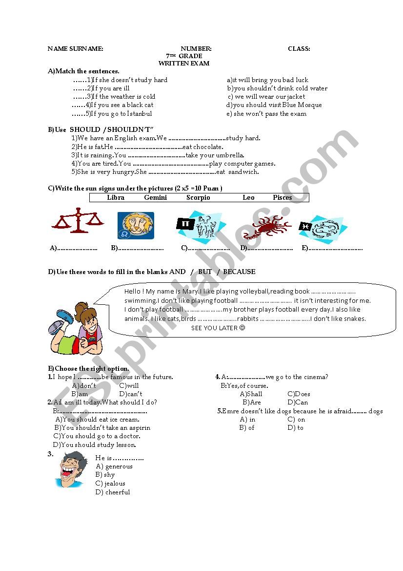 an exam for 7th graders worksheet
