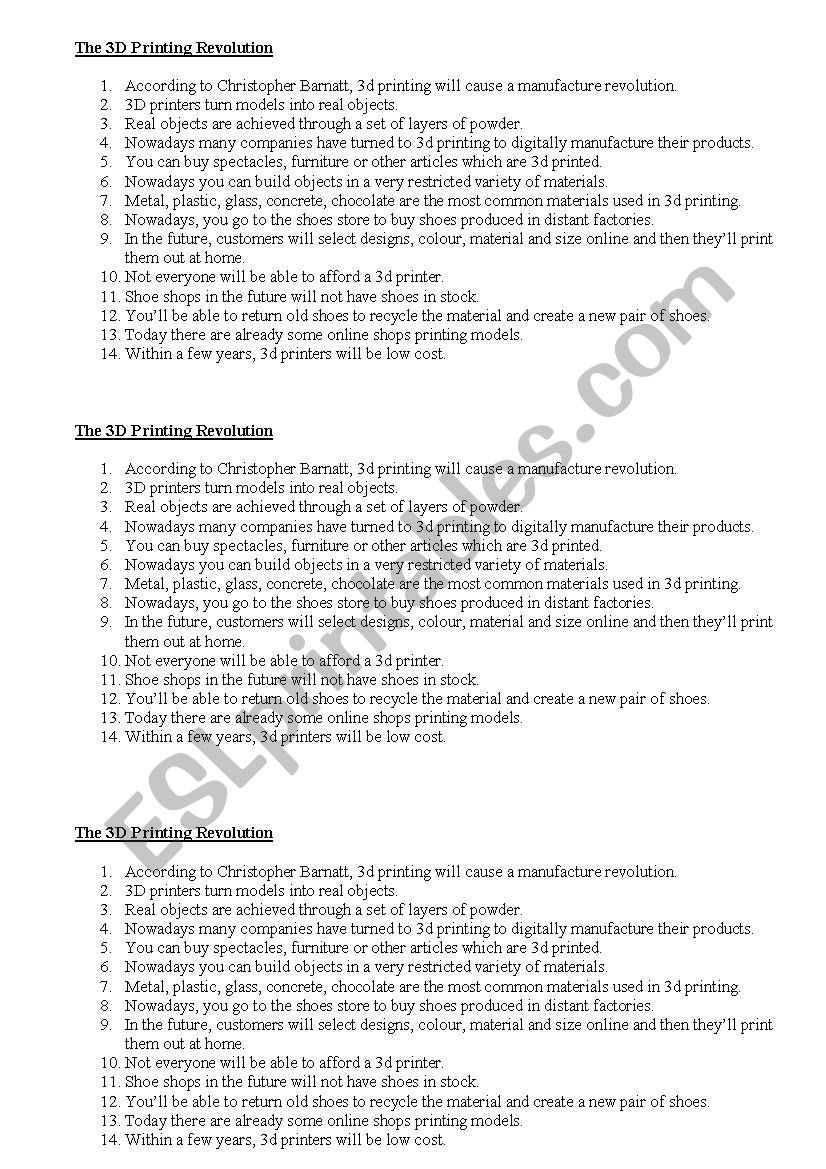 The 3D Printing Revolution worksheet