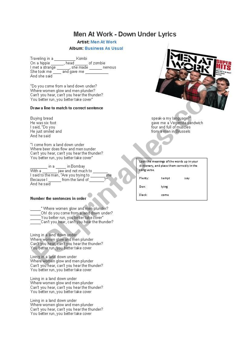 Song: Men at work worksheet worksheet