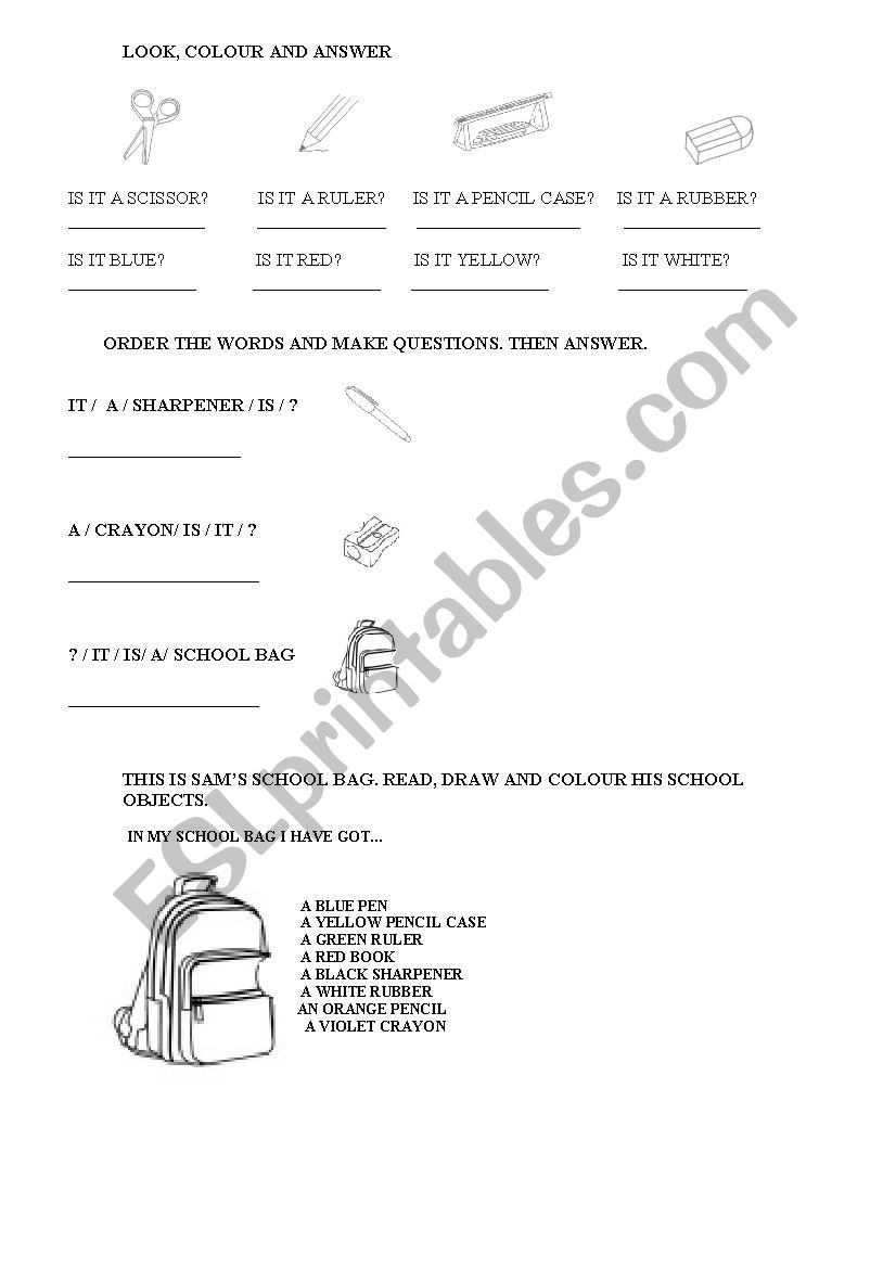 School objects & colours Worksheet