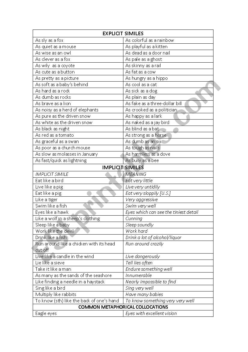 Similes worksheet