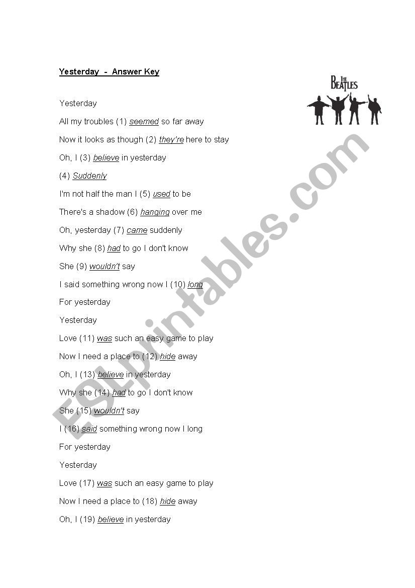 Song: Yesterday worksheet