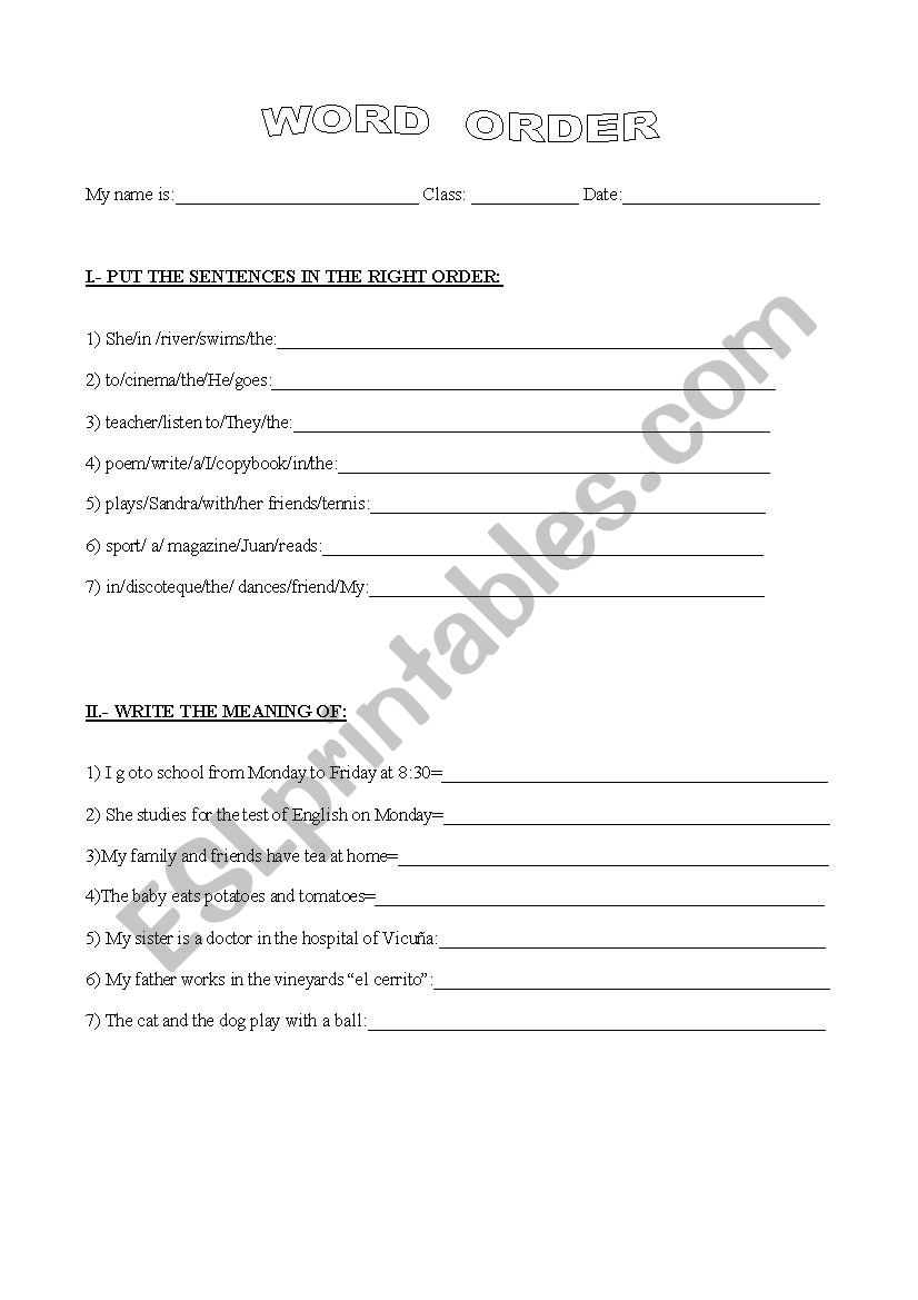 WORD ORDER worksheet