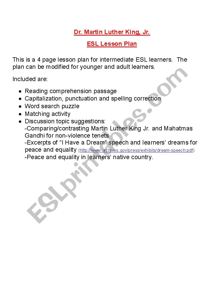 Martin Luther King ESL Activity