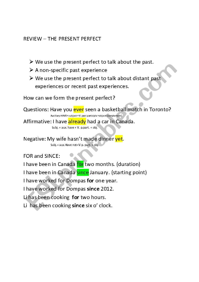 Review present perfect worksheet