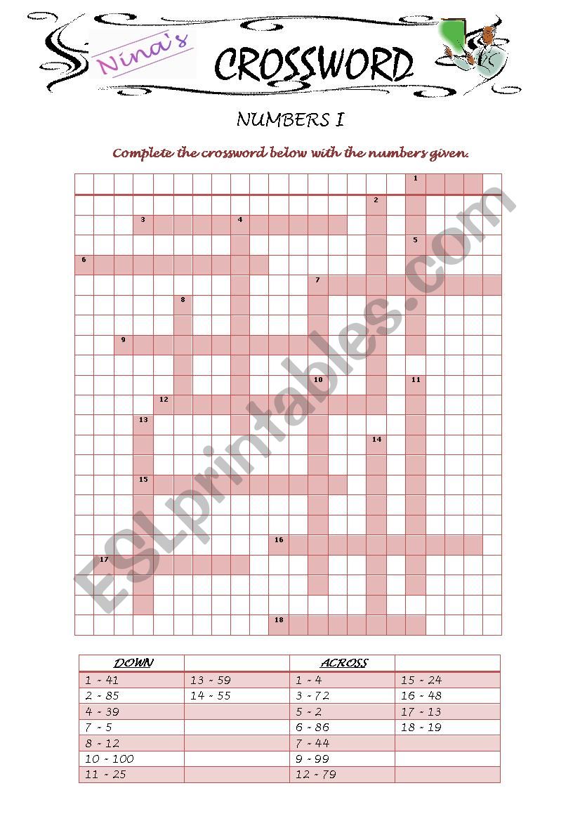 Numbers Spelling Crossword 1 worksheet