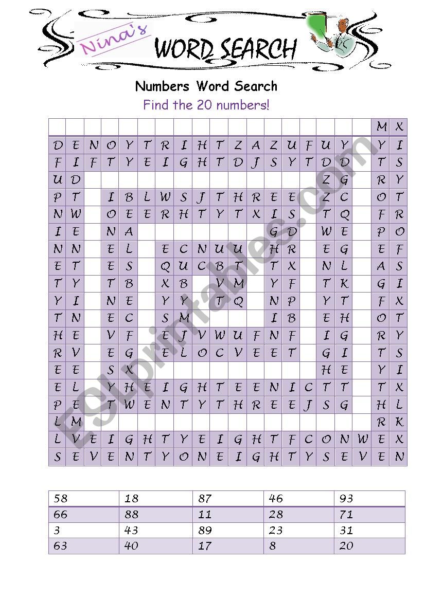 Numbers Spelling Word Search worksheet