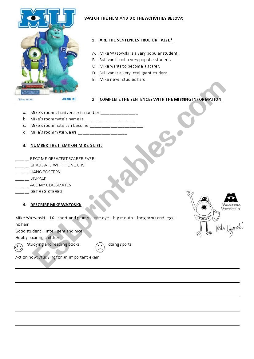 Monsters University worksheet