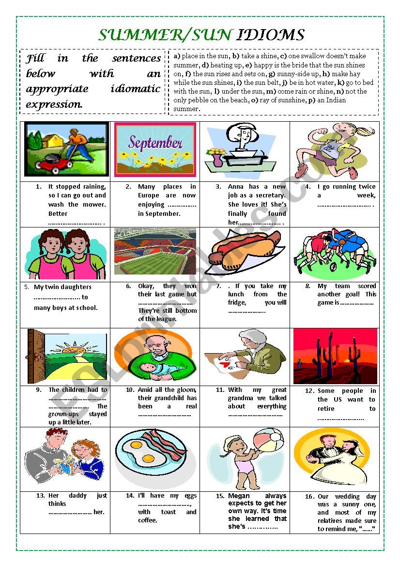 SUMMER/SUN IDIOMS (with key) worksheet