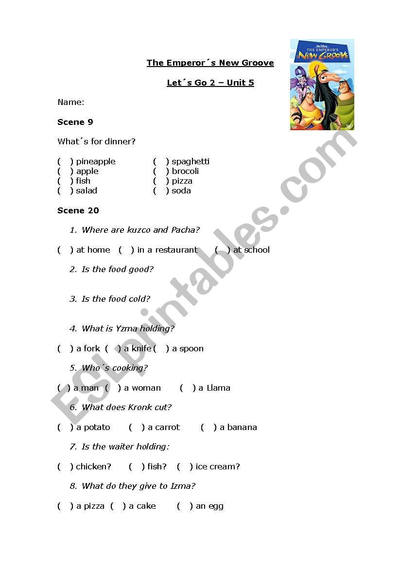 The Emperors new groove worksheet