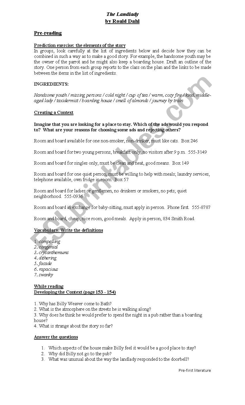 The Landlady Esl Worksheet By Julyeta