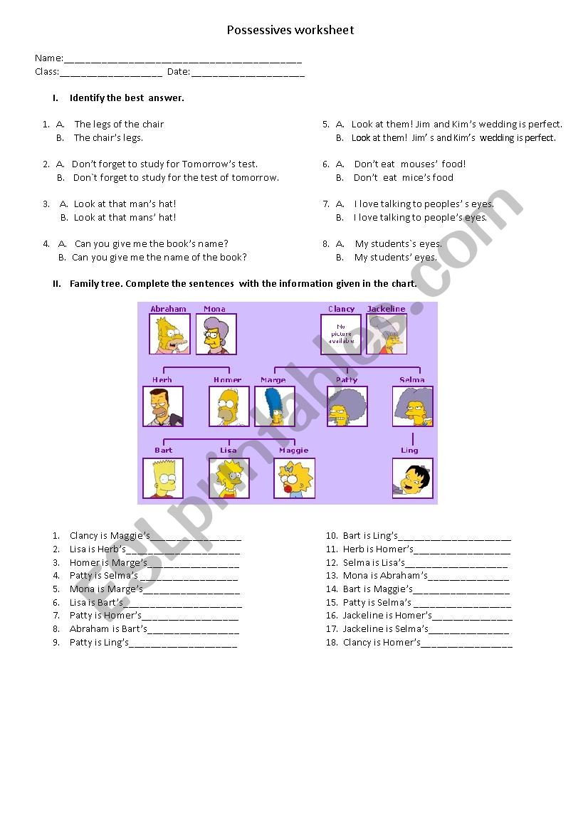 POSSESIVE WORKSHEET worksheet