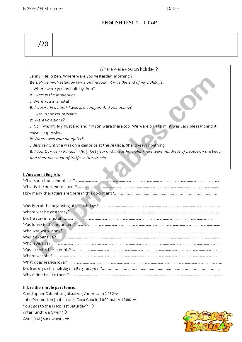 Where were you on holiday?  worksheet