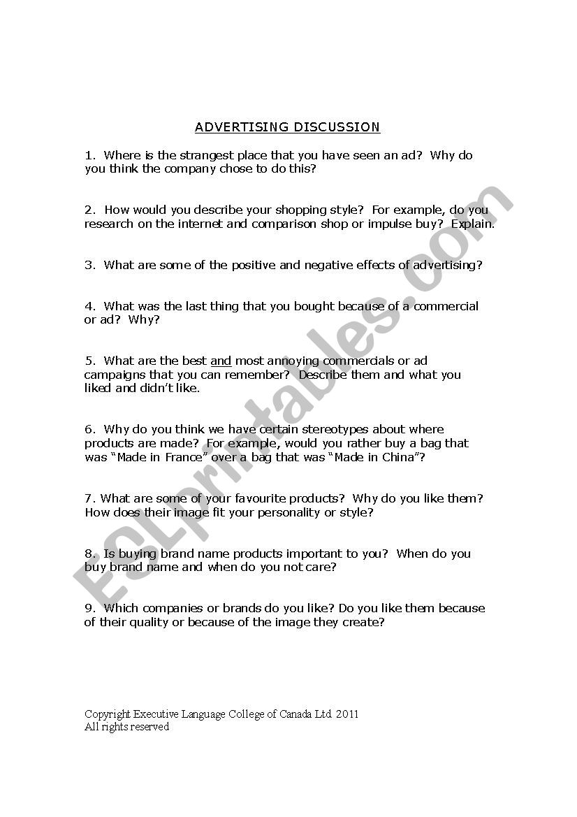 advertising discussion worksheet